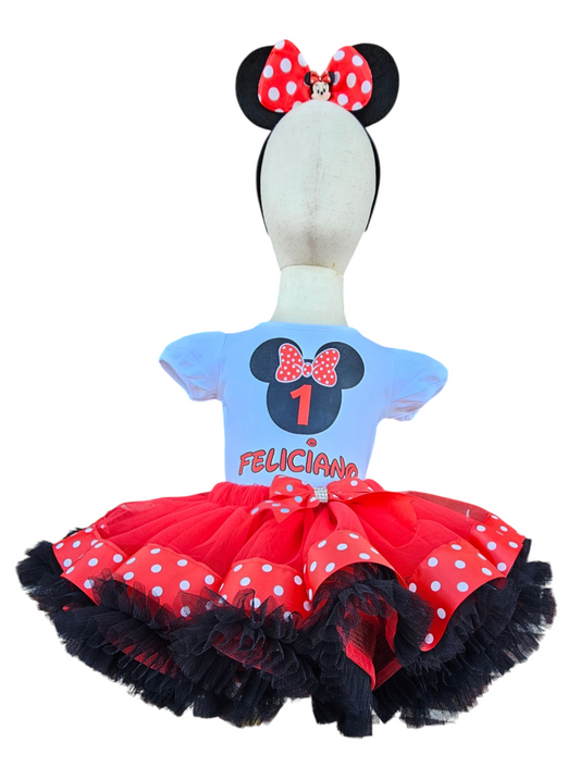 Personalized Minnie Birthday Outfit Girl, Custom 1st 2nd 3rd Birthday Tutu Set, Red Black Polka Dot Minnie Shirt & Bow, Baby Girl First Birthday.