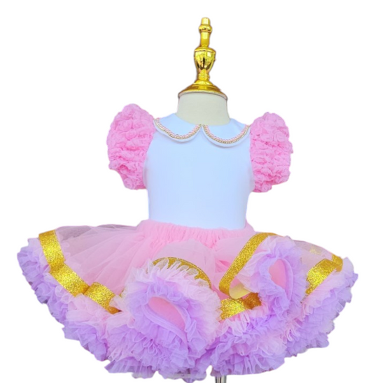 Pink and White Striped Birthday Dress with Puffy Ruffled Sleeves and Tutu Skirt