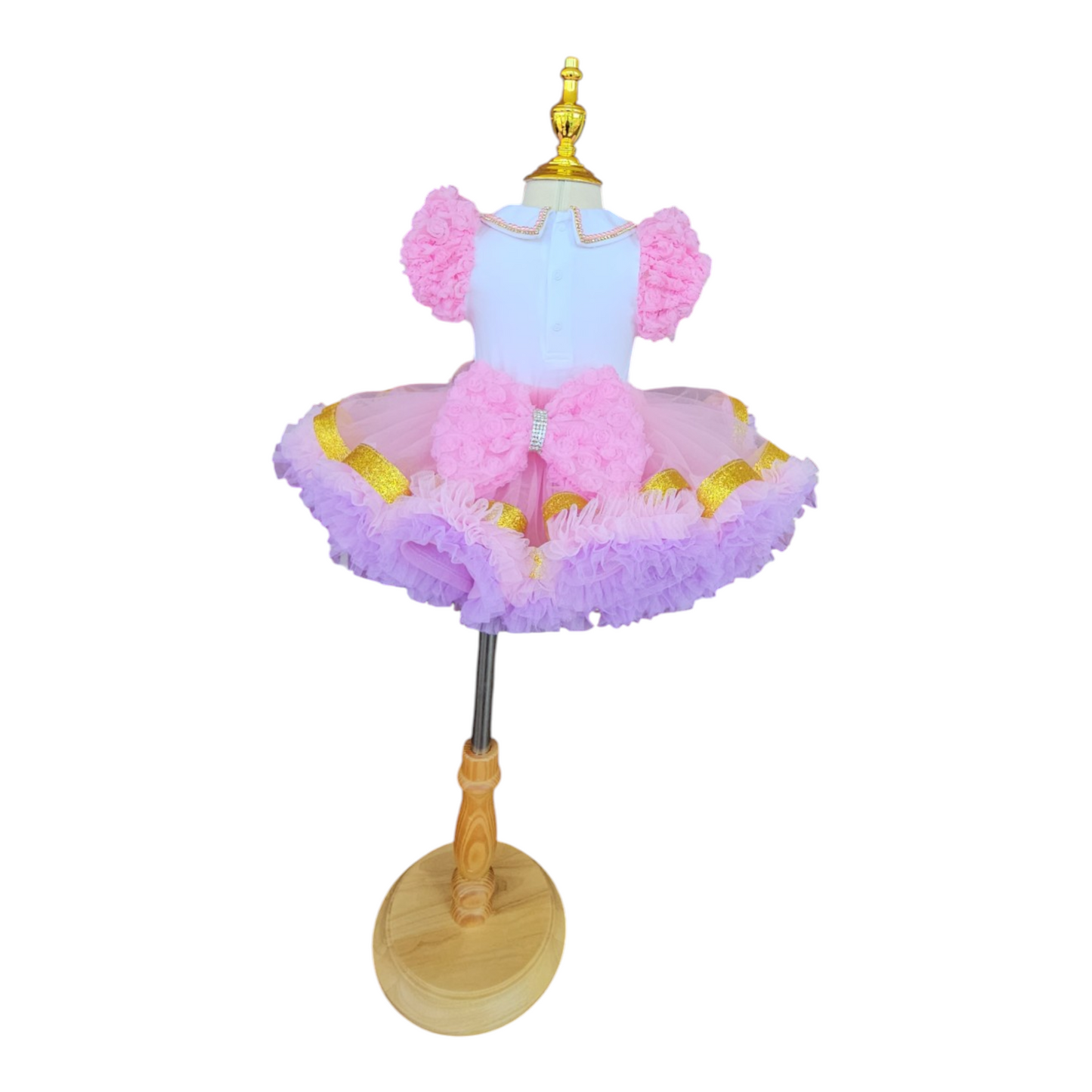 Pink and White Striped Birthday Dress with Puffy Ruffled Sleeves and Tutu Skirt