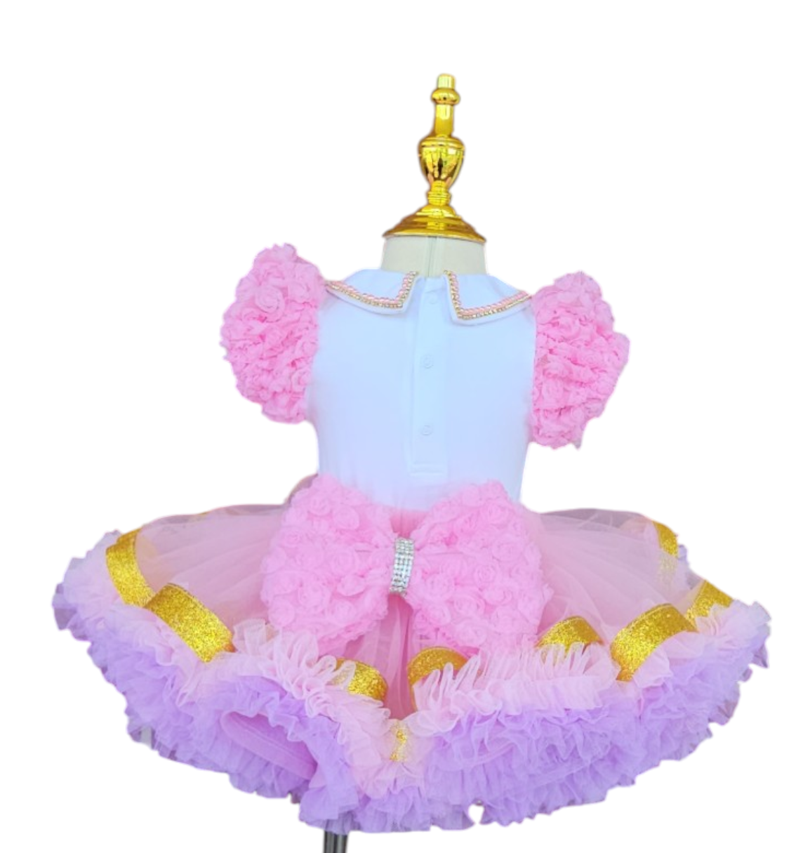 Pink and White Striped Birthday Dress with Puffy Ruffled Sleeves and Tutu Skirt