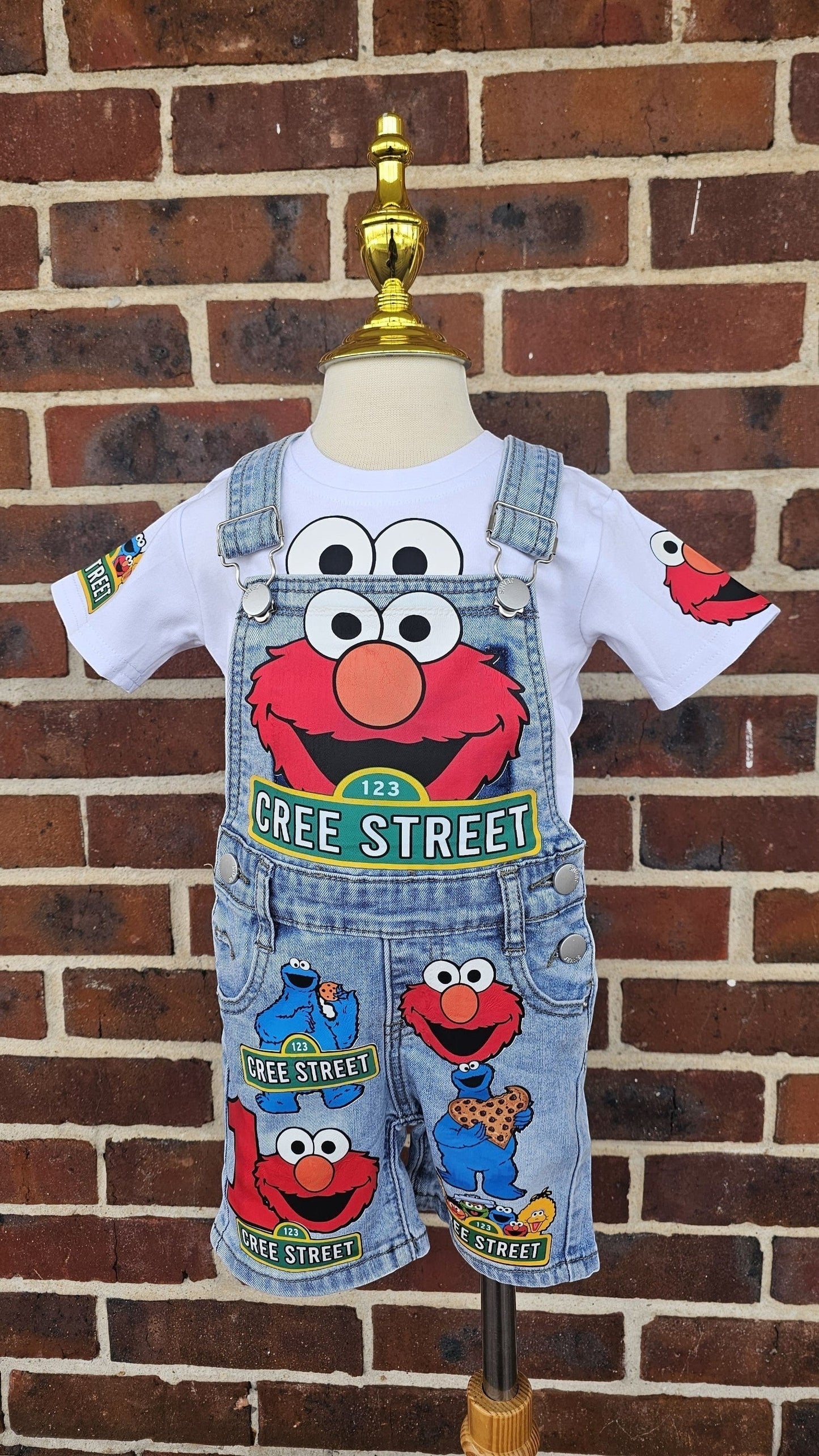 Baby Ruffle Elmo and Cookie Monster Denim Overalls Set