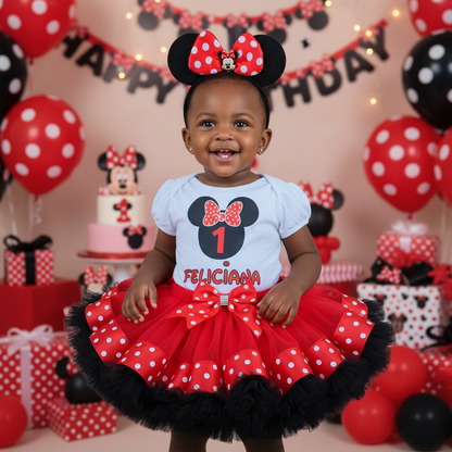 Personalized Custom Red and Black Polka Dot Minnie Shirt & Bow 1st Birthday Girl Tutu Set Outfit