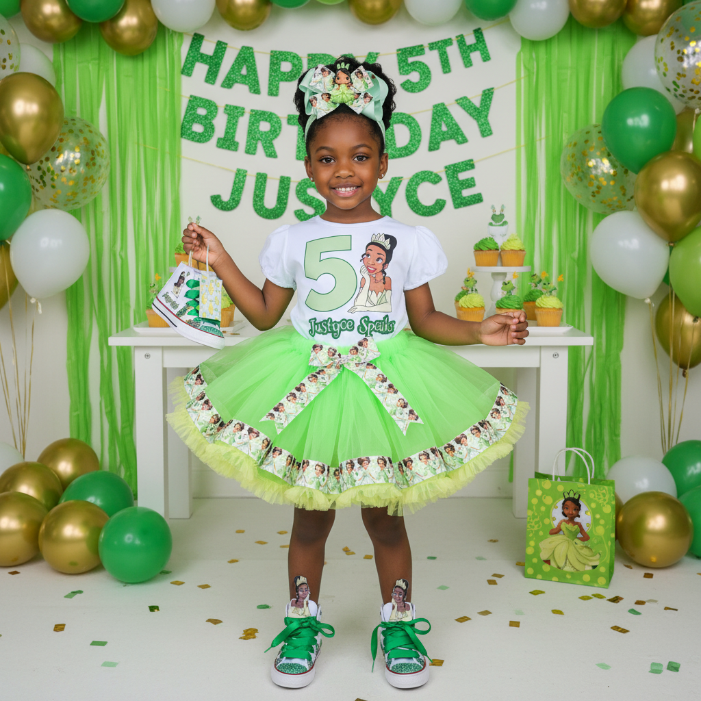 Personalized Princess and The Frog Birthday Girl Tutu Outfit with a white custom Shirt
