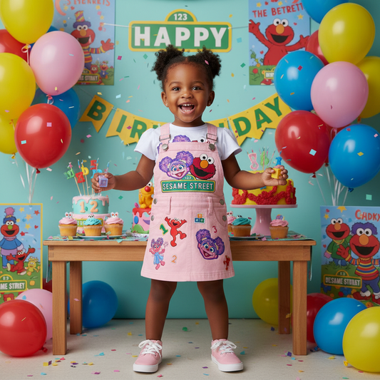Sesame Street Personalized Kids Denim Overall, Personalized Baby Girl Birthday Outfit, Character Design
