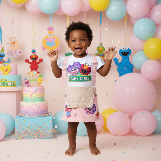 Sesame Street Personalized Kids Denim Overall, Personalized Baby Girl Birthday Outfit, Character Design