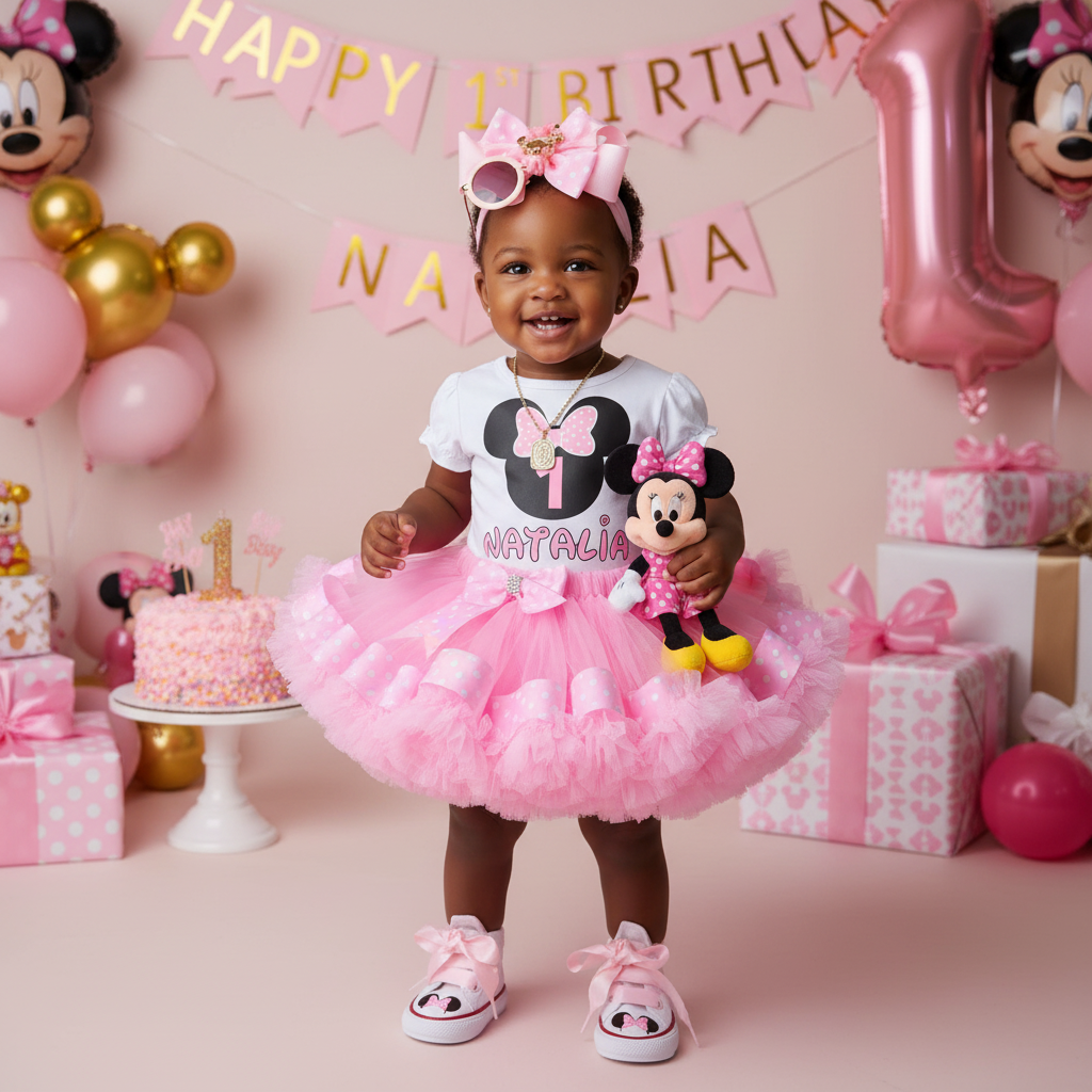 Minnie Mouse First Birthday Tutu Set with a Personalized T-Shirt & Fluffy Skirt
