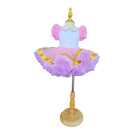 Pink and White Striped Birthday Dress with Puffy Ruffled Sleeves and Tutu Skirt