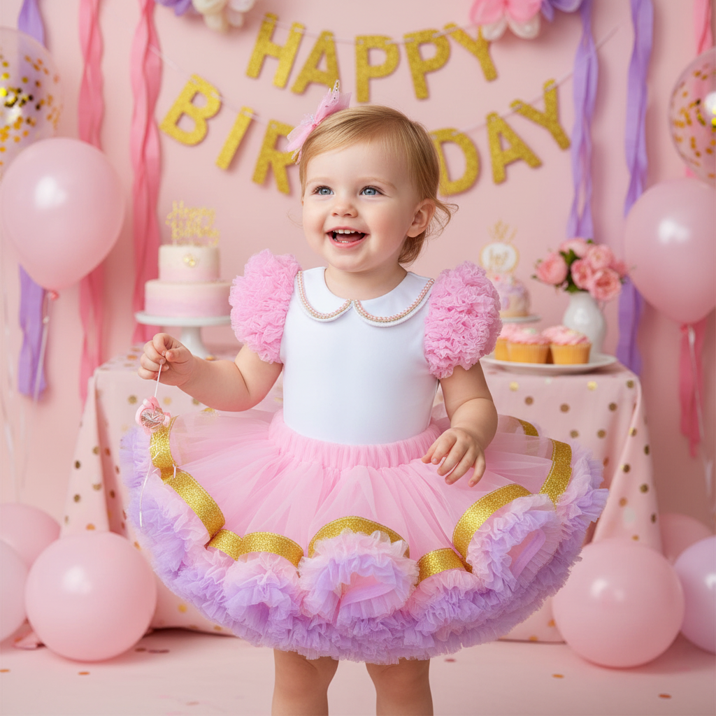 Pink and White Striped Birthday Dress with Puffy Ruffled Sleeves and Tutu Skirt