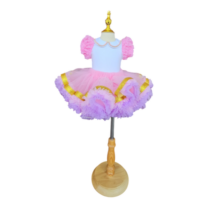 Pink and White Striped Birthday Dress with Puffy Ruffled Sleeves and Tutu Skirt