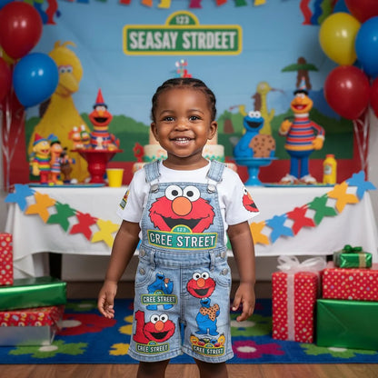 Baby Ruffle Elmo and Cookie Monster Denim Overalls Set