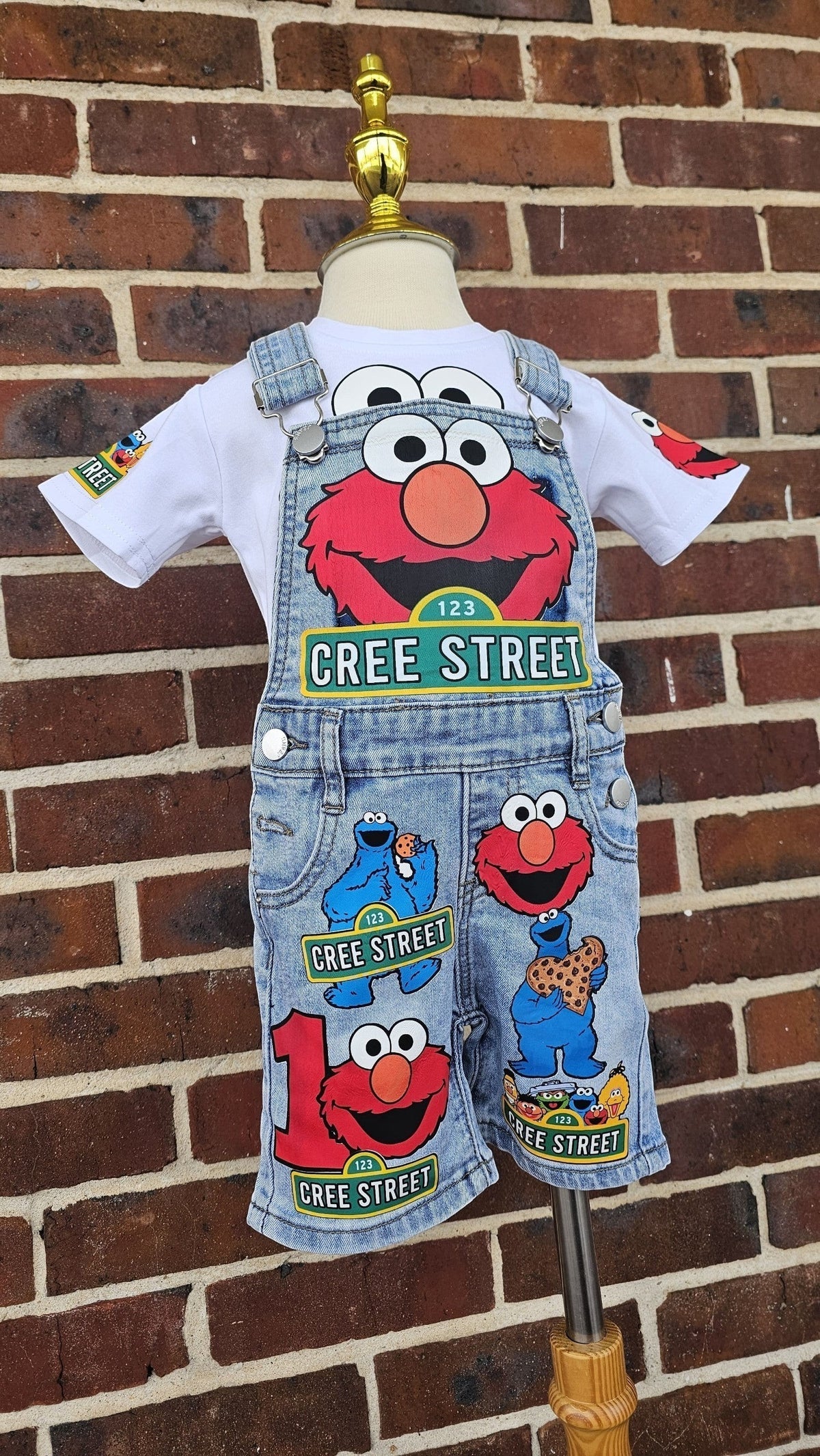 Baby Ruffle Elmo and Cookie Monster Denim Overalls Set