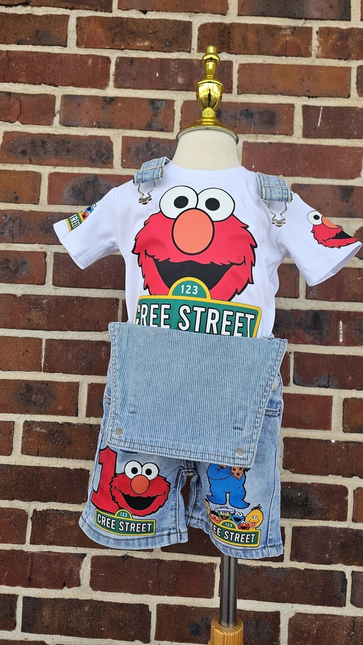 Baby Ruffle Elmo and Cookie Monster Denim Overalls Set