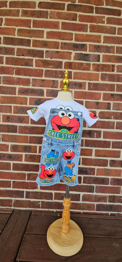 Baby Ruffle Elmo and Cookie Monster Denim Overalls Set