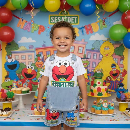 Baby Ruffle Elmo and Cookie Monster Denim Overalls Set