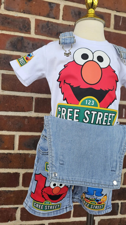 Baby Ruffle Elmo and Cookie Monster Denim Overalls Set