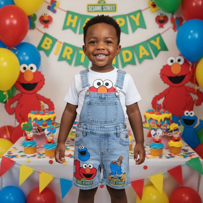 Baby Ruffle Elmo and Cookie Monster Denim Overalls Set