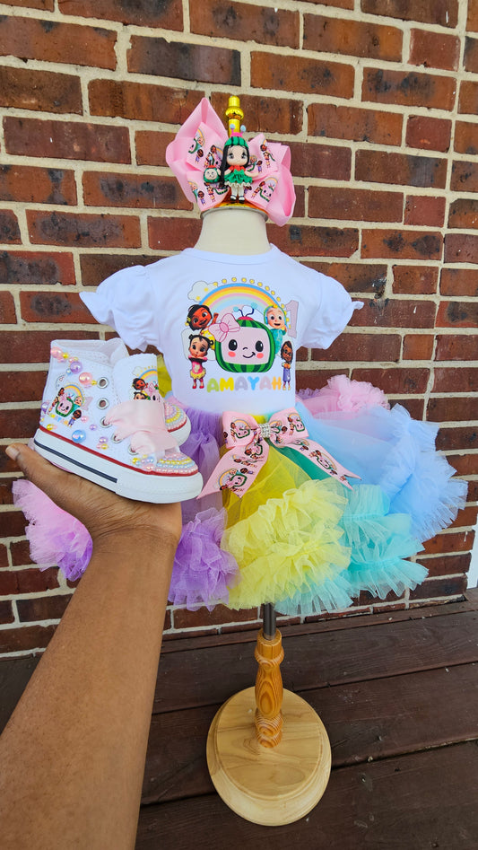 Personalized Cocomelon Themed 1st birthday girl T-Shirt with Tutu Oufit