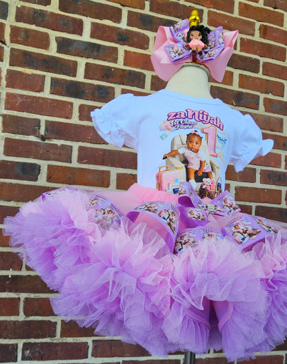 Custom First Birthday Tutu Outfit for Girls | Personalized Pink Airplane Birthday Outfit | Photo Birthday Shirt & Ruffle Tutu Set
