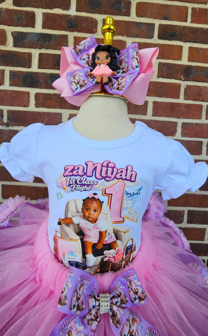 Custom First Birthday Tutu Outfit for Girls | Personalized Pink Airplane Birthday Outfit | Photo Birthday Shirt & Ruffle Tutu Set